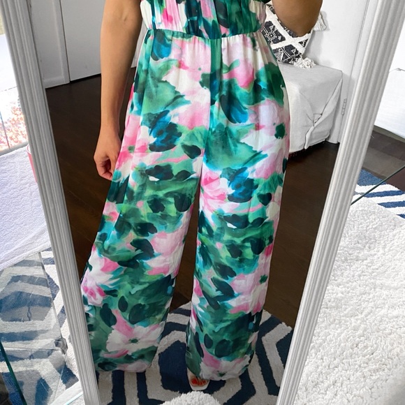 🦚 ZARA BOHO GREEN PINK MULTI FLORAL WIDE LEG JUMPSUIT! - Picture 6 of 16